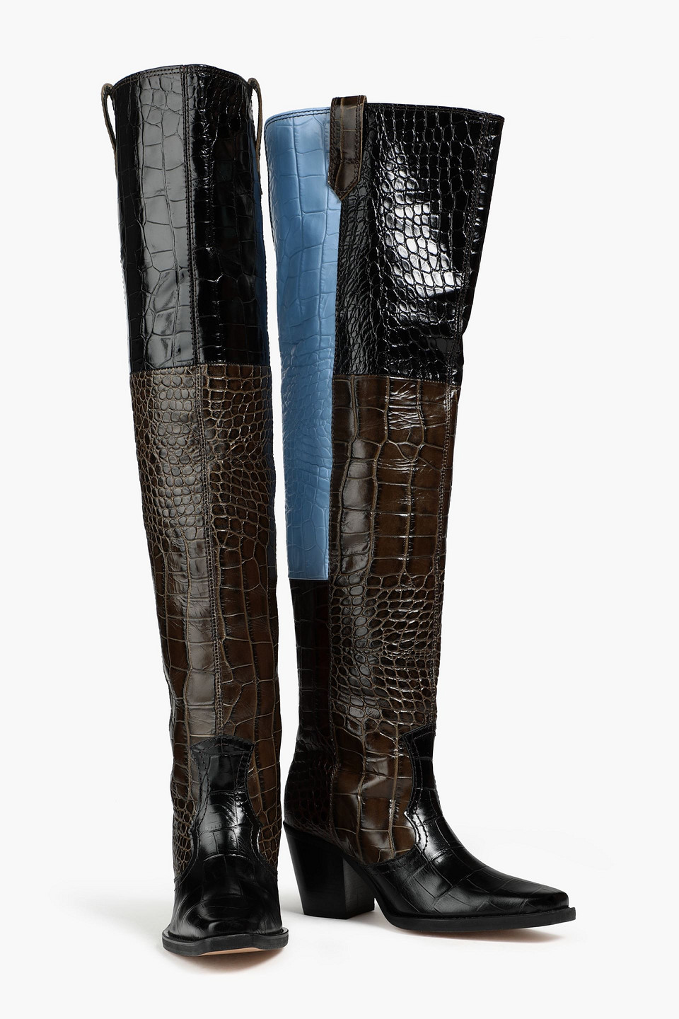Shop Ganni Color-block Croc-effect Leather Over-the-knee Boots In Black
