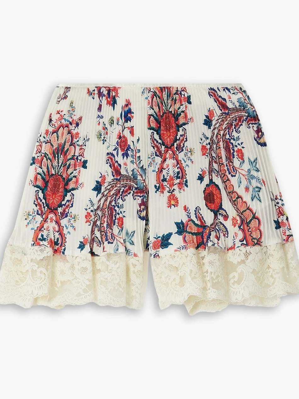 lace-trimmed floral-print plissé-crepe de chine shorts