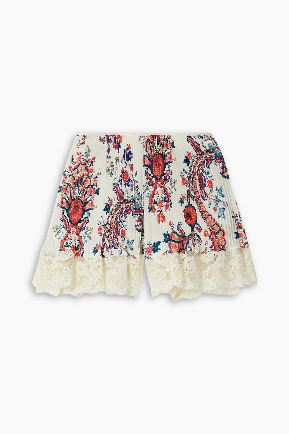 Shop Rabanne Lace-trimmed Floral-print Plissé-crepe De Chine Shorts In Ivory
