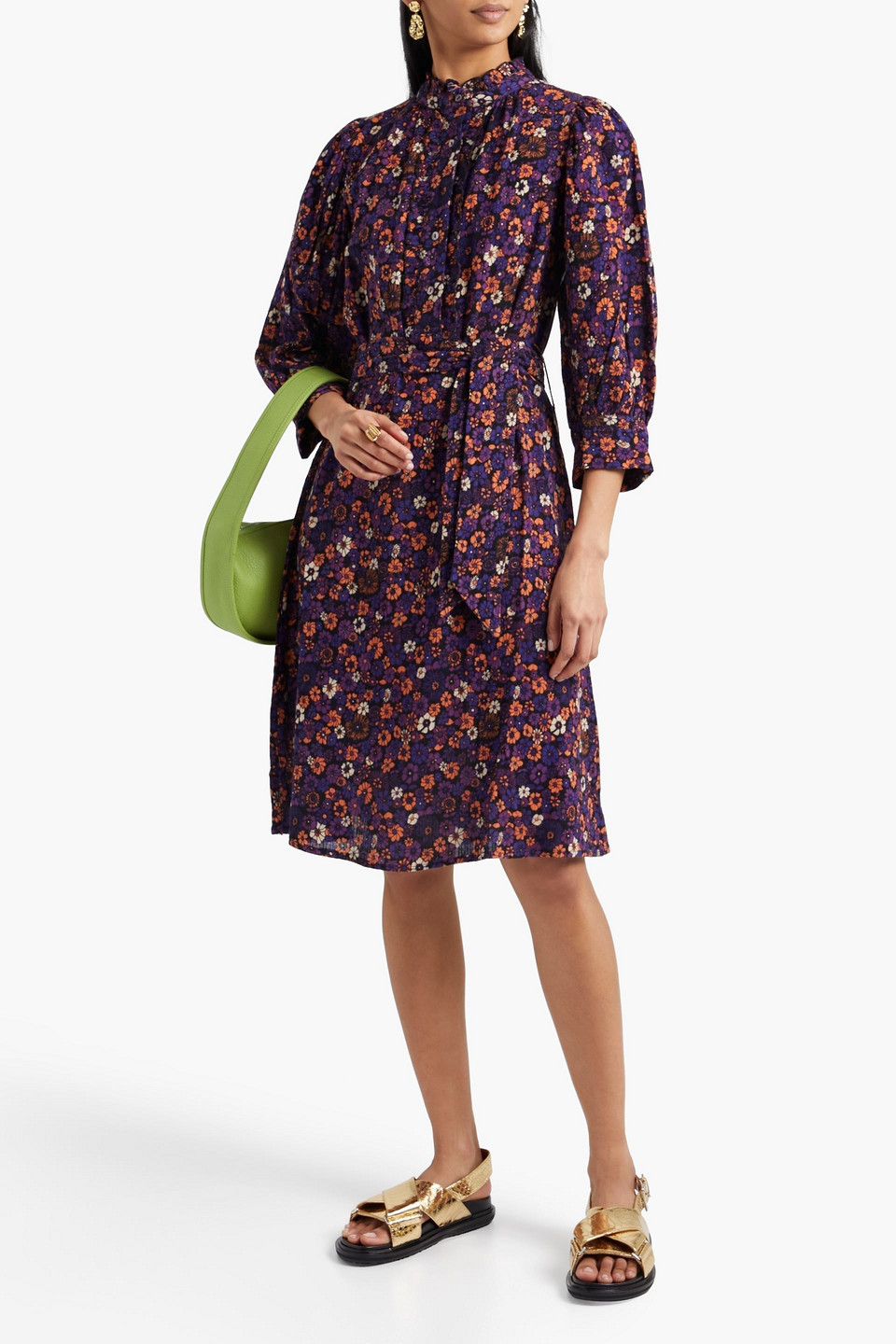 Antik Batik Paoli Belted Floral-print Cotton Dress In Purple