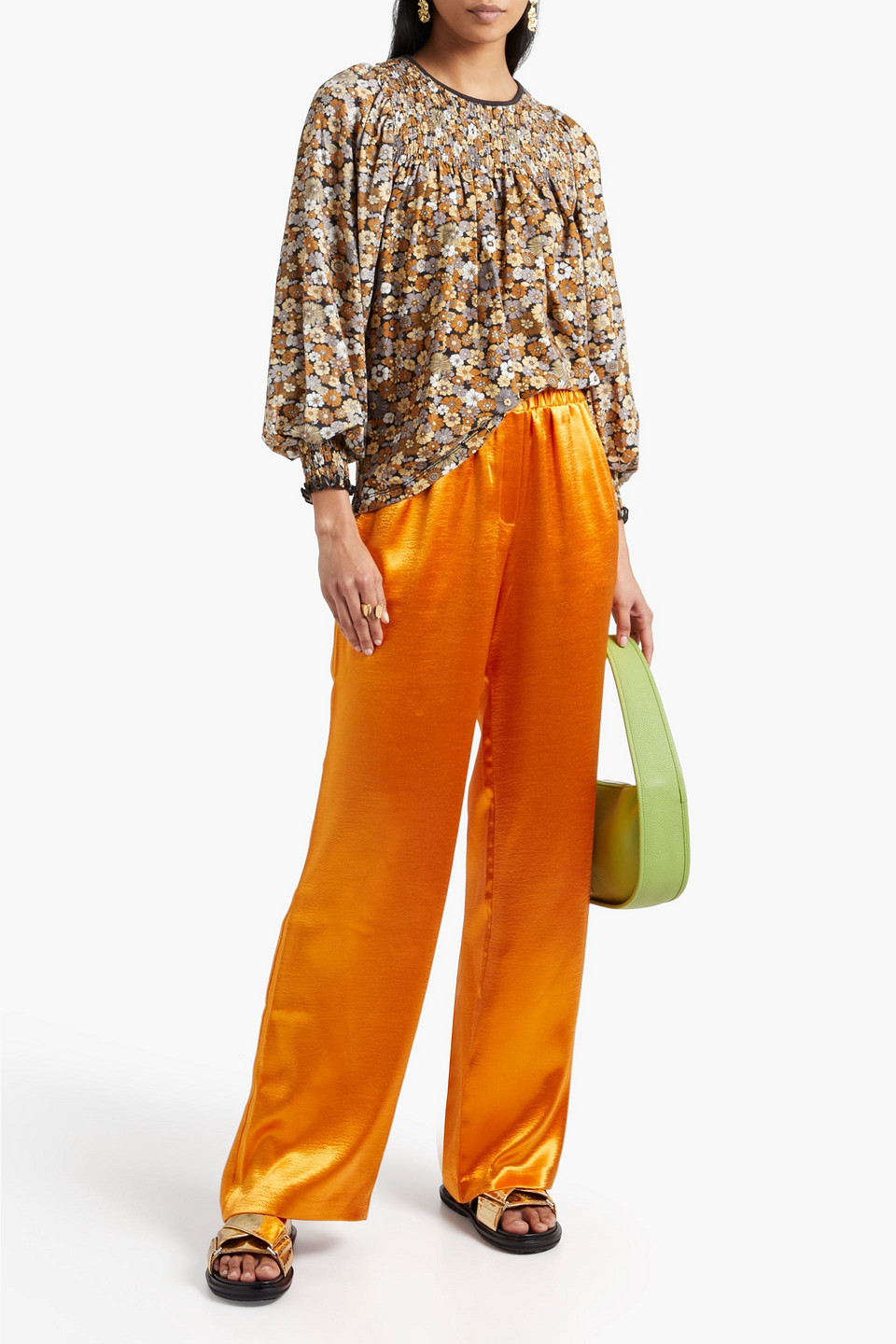 Antik Batik Antony Shirred Floral-print Stretch-jersey Blouse In Camel