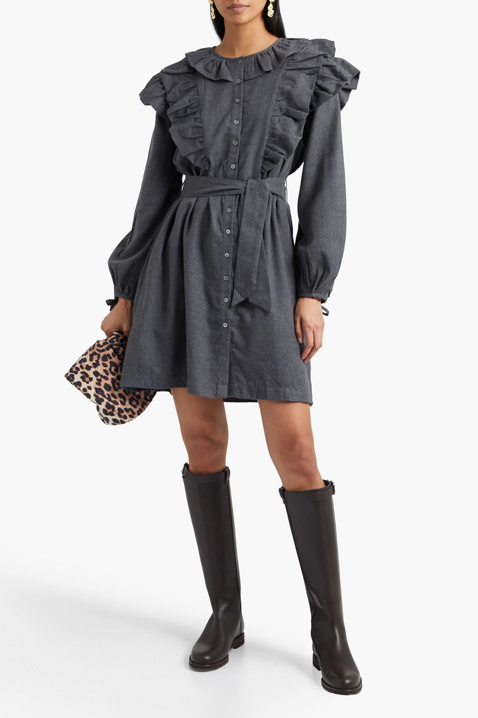 Antik Batik Lova Belted Ruffled Cotton-flannel Mini Dress In Dark Gray