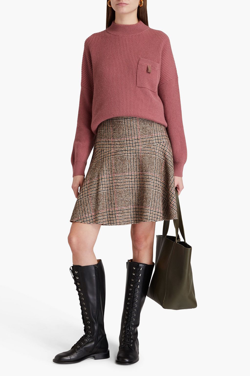 BRUNELLO CUCINELLI 하운즈투스 브러시드 울 혼방 플레어 미니 스커트