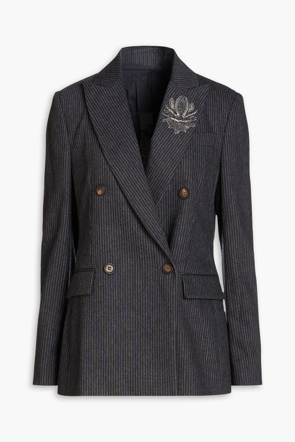 Brunello Cucinelli Crystal-embellished Pinstriped Wool-blend Flannel Blazer In Anthracite