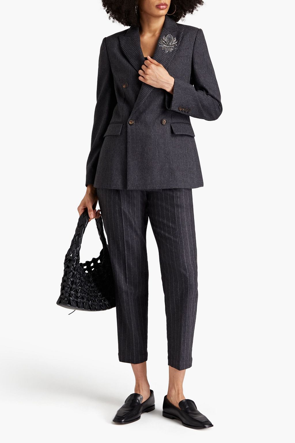 BRUNELLO CUCINELLI Double-breasted pinstriped wool-blend flannel blazer