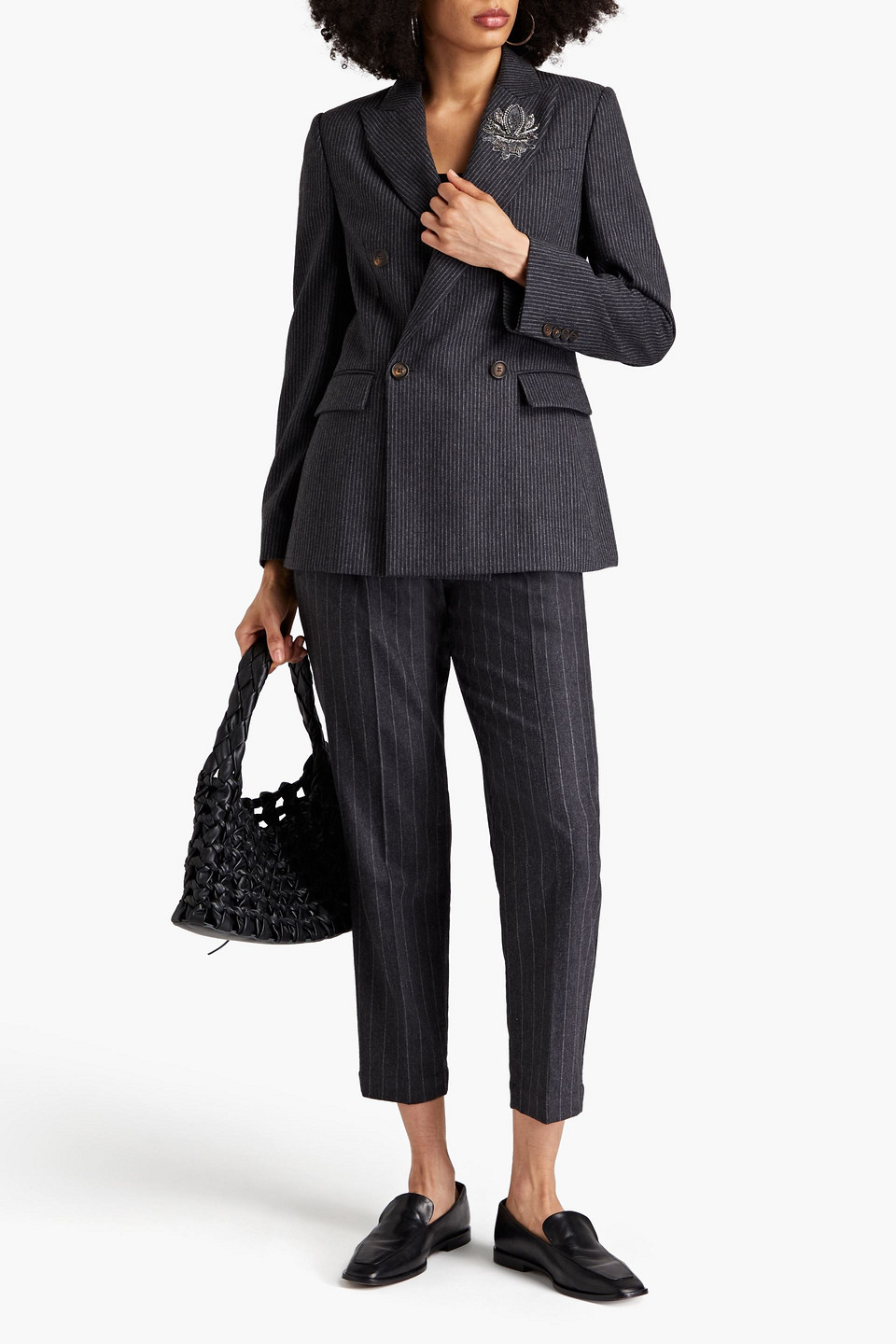 BRUNELLO CUCINELLI DOUBLE-BREASTED PINSTRIPED WOOL-BLEND FLANNEL BLAZER
