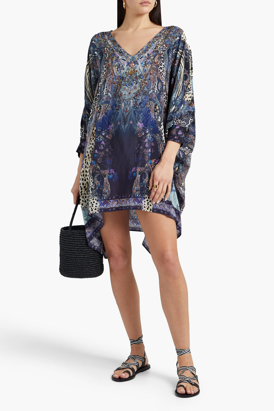 Camilla Crystal-embellished Printed Silk Crepe De Chine And Jersey Kaftan In Blue