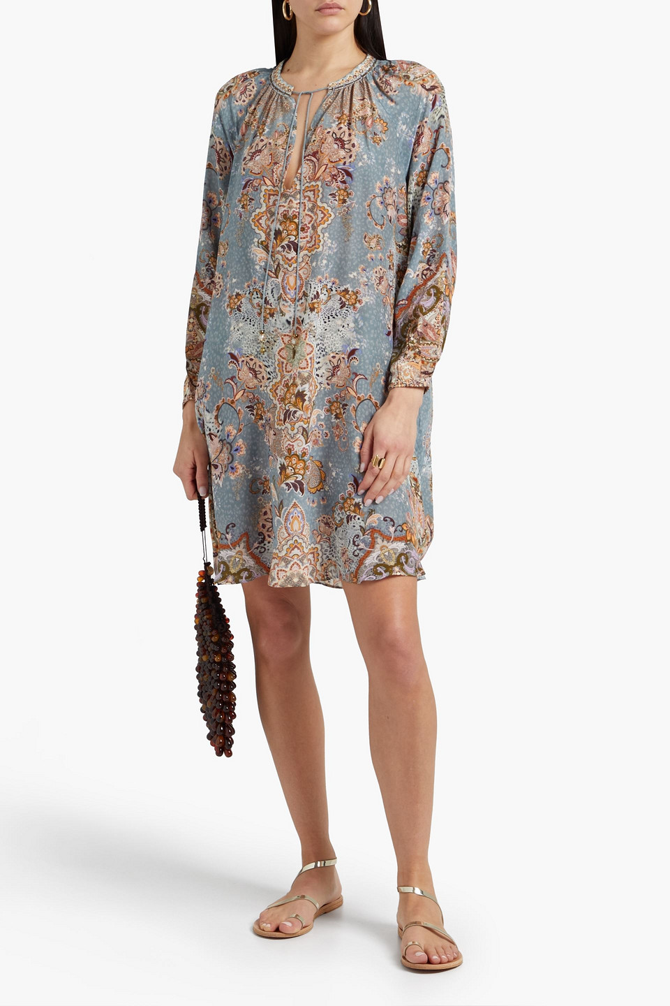 Camilla Crystal-embellished Printed Silk Crepe De Chine Mini Dress In Slate Blue