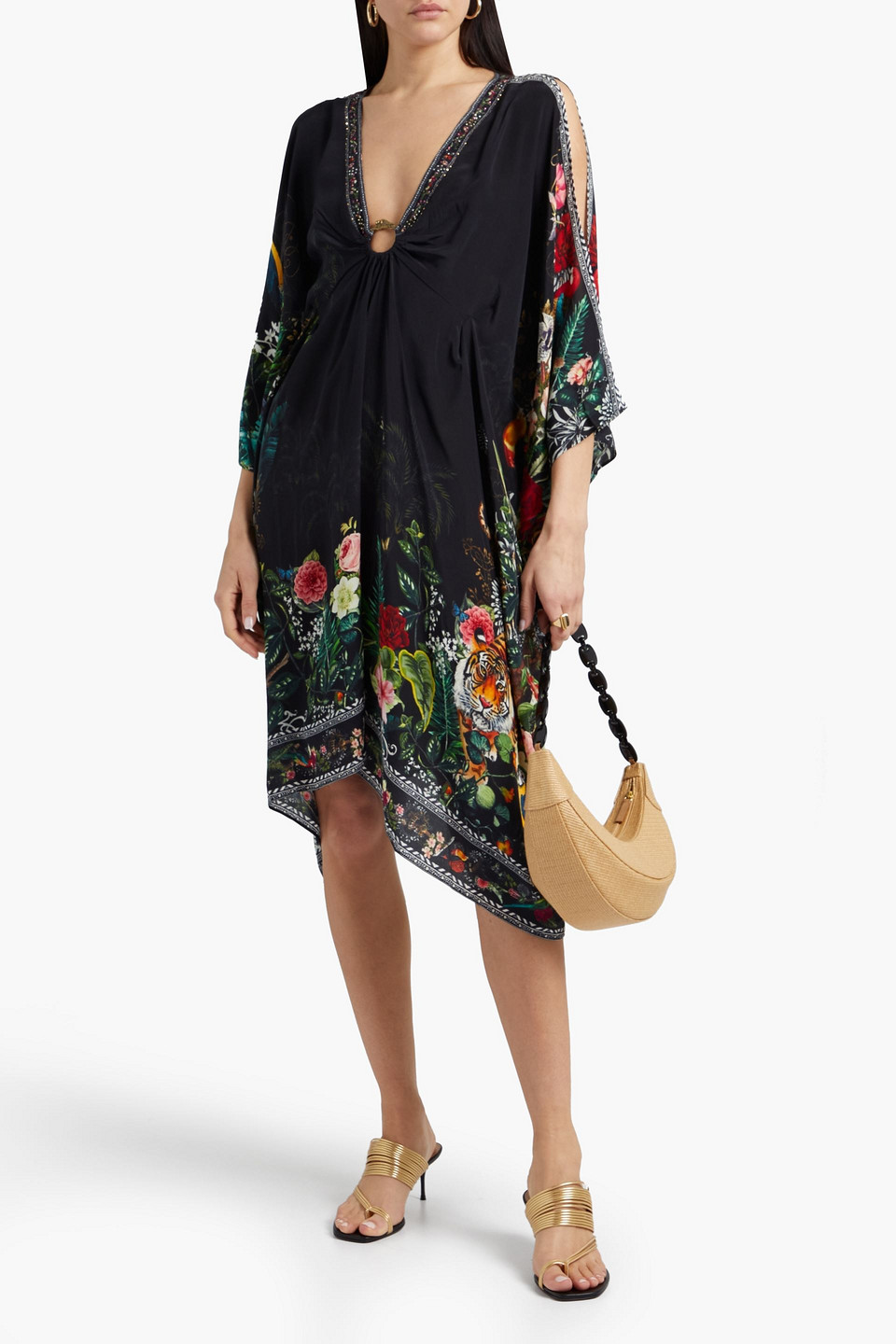 Camilla Ring-embellished Printed Silk Crepe De Chine Kaftan In Black