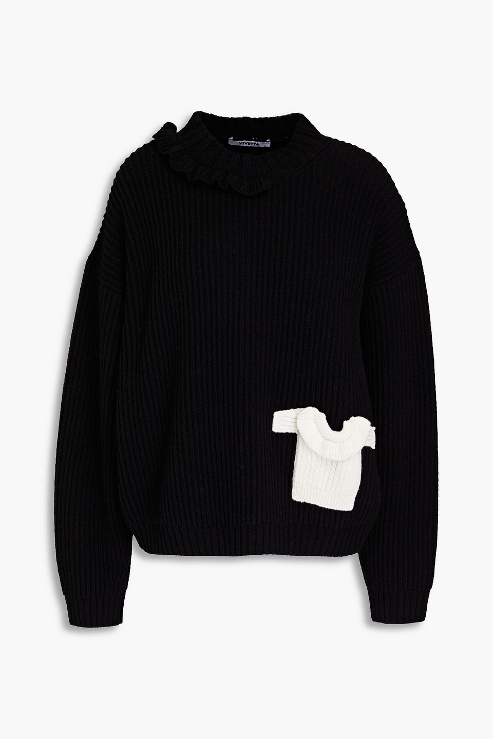 Vivetta Ruffle-trimmed Ribbed Wool-blend Jumper In Black