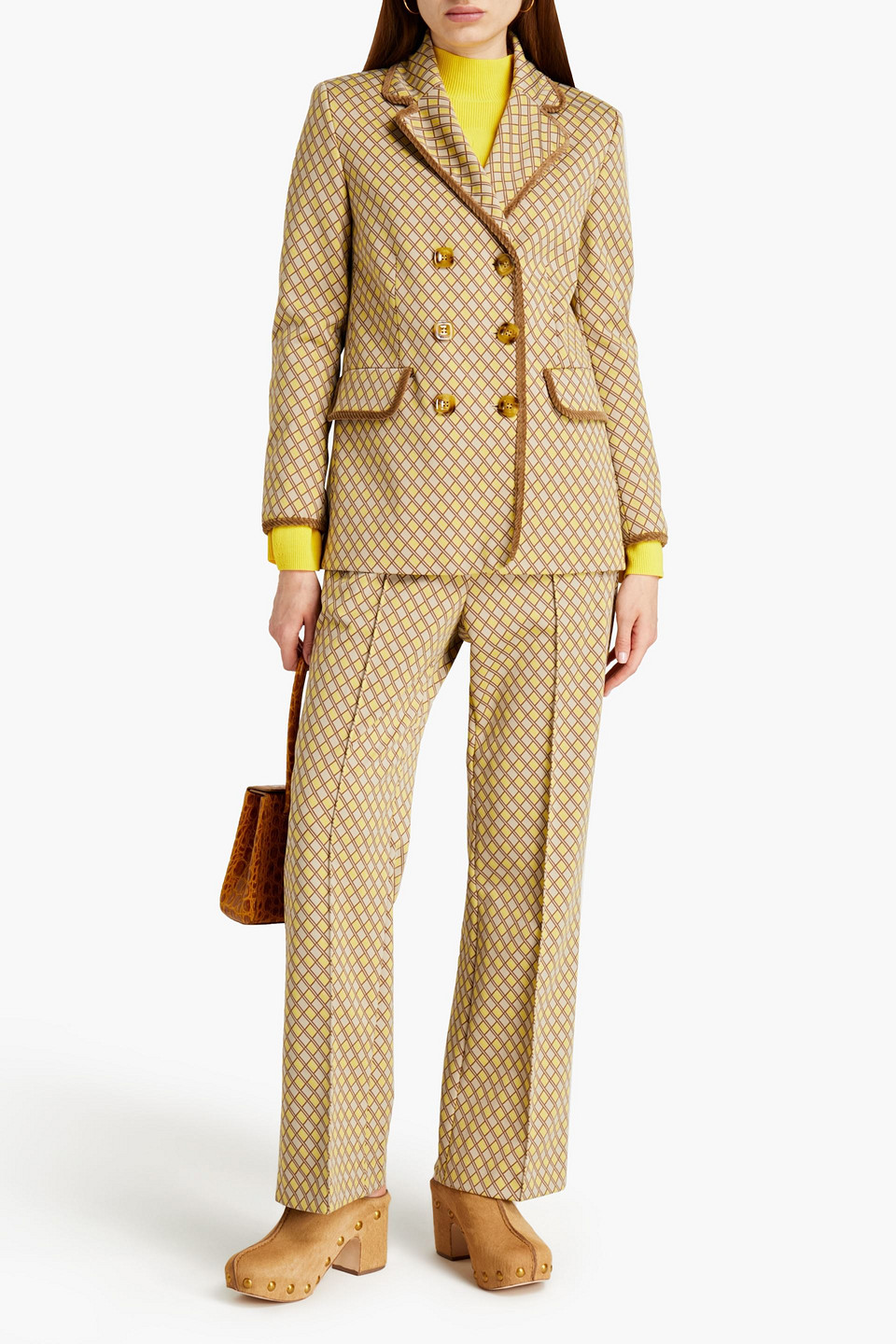 Vivetta Double-breasted Velvet-trimmed Printed Jersey Blazer In Neutrals