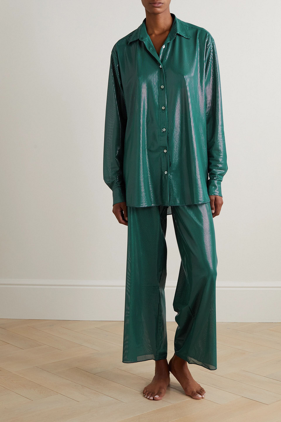 OSEREE DISCO OVERSIZED METALLIC POLKA-DOT STRETCH-MESH SHIRT