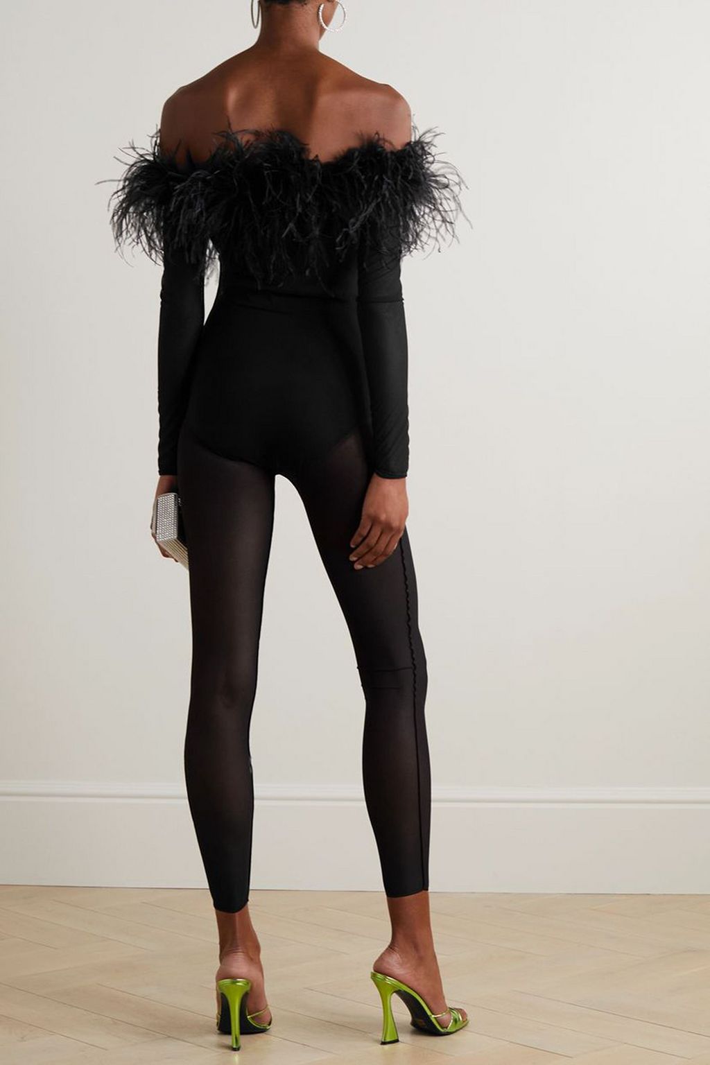 OSÉREE Off-the-shoulder feather-trimmed stretch-mesh jumpsuit