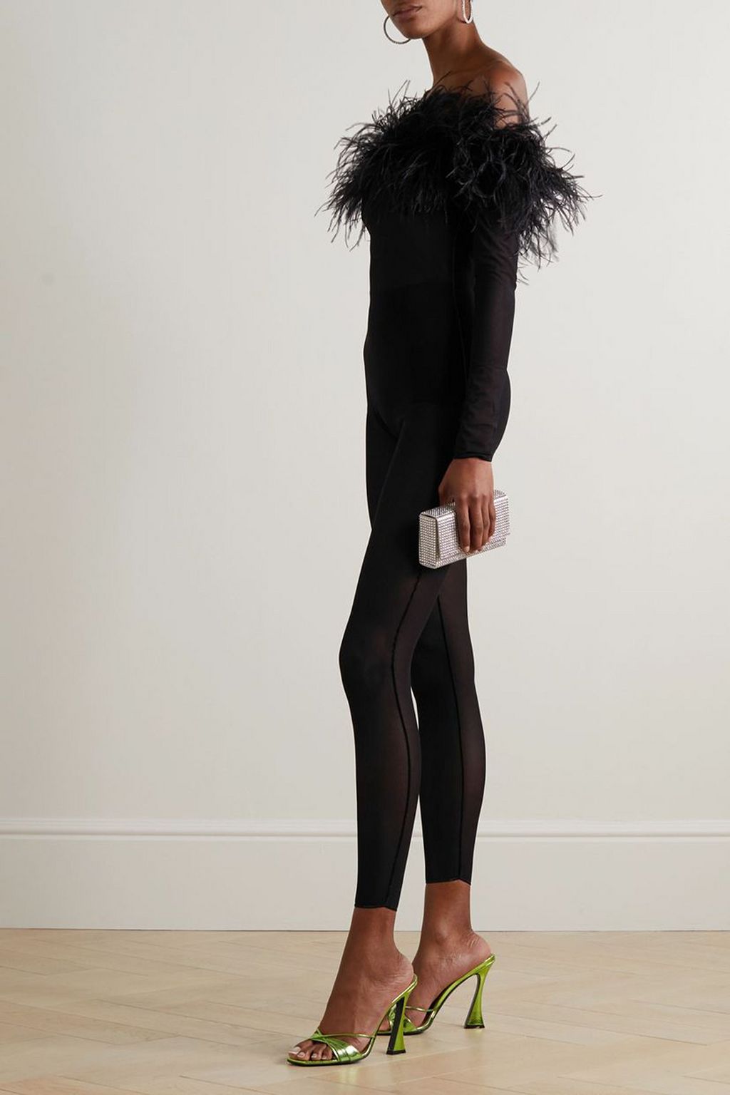 OSÉREE Off-the-shoulder feather-trimmed stretch-mesh jumpsuit