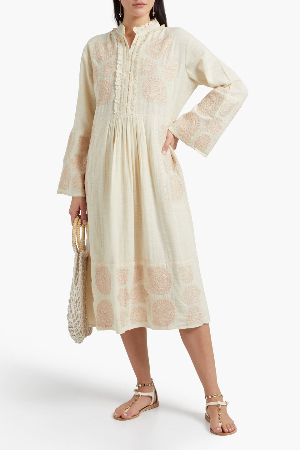 Antik Batik Toga Embroidered Cotton Midi Dress In Cream