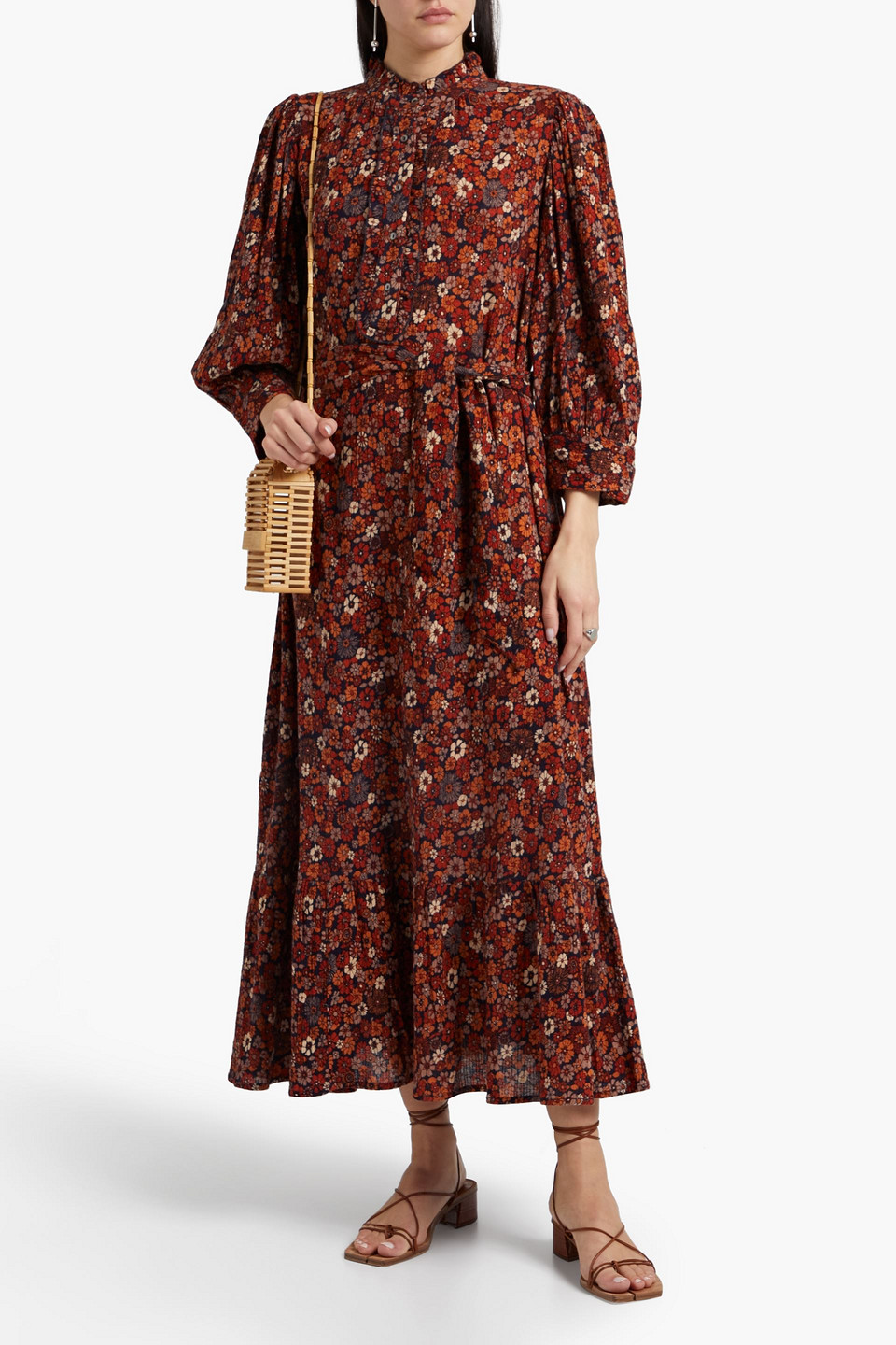 Antik Batik Paoli Belted Floral-print Cotton Midi Dress In Camel