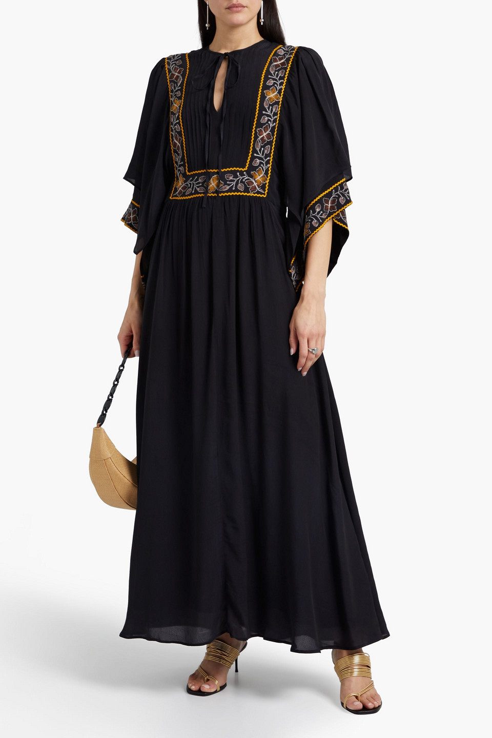 Antik Batik Romie Rickrack-trimmed Embroidered Crepe De Chine Maxi Dress In Black