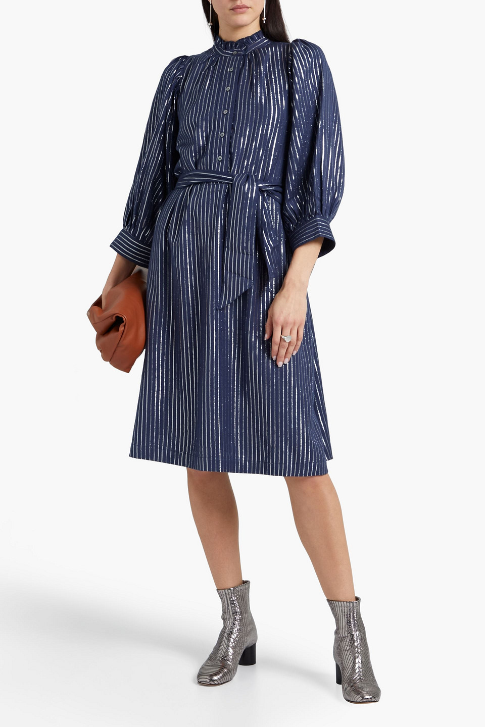 Antik Batik Meela Metallic Striped Cotton And Lurex-blend Twill Dress In Navy