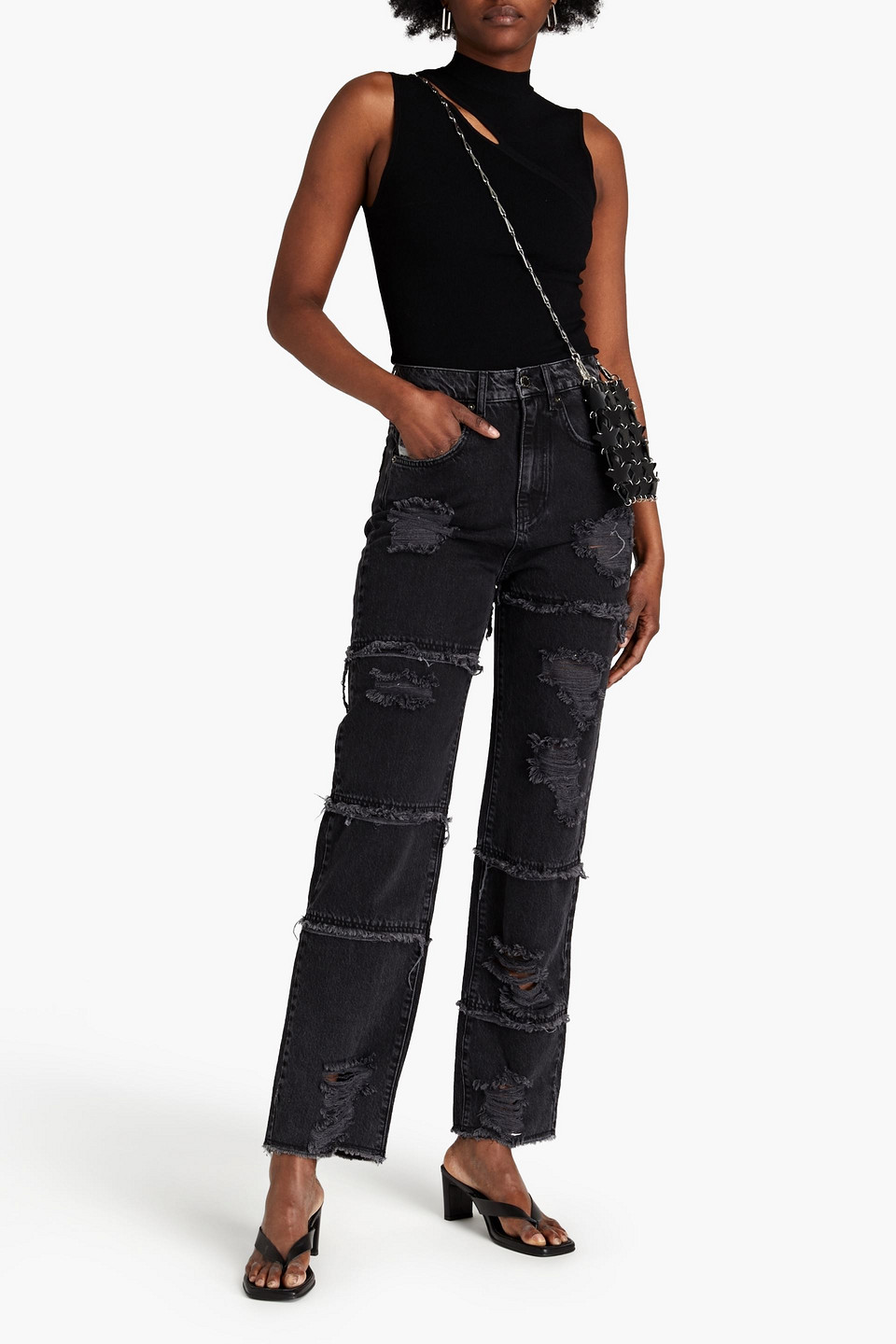 Retroféte Rikki Paneled Distressed High-rise Straight-leg Jeans In Black