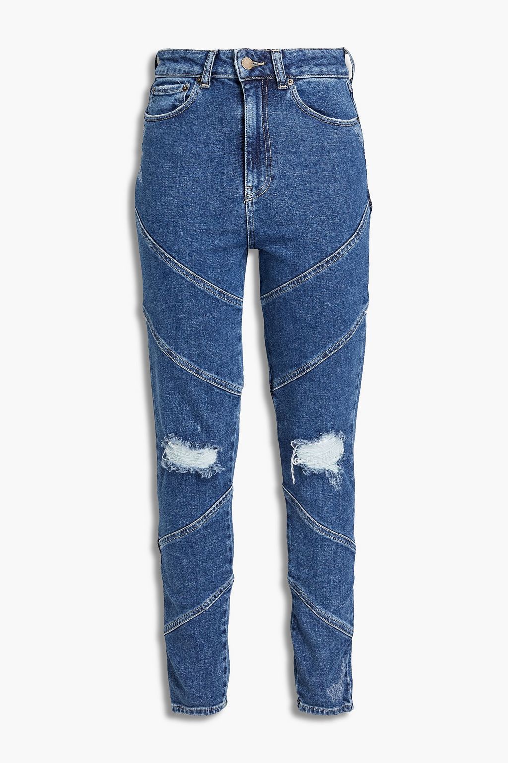 Dark denim Paneled distressed high-rise 