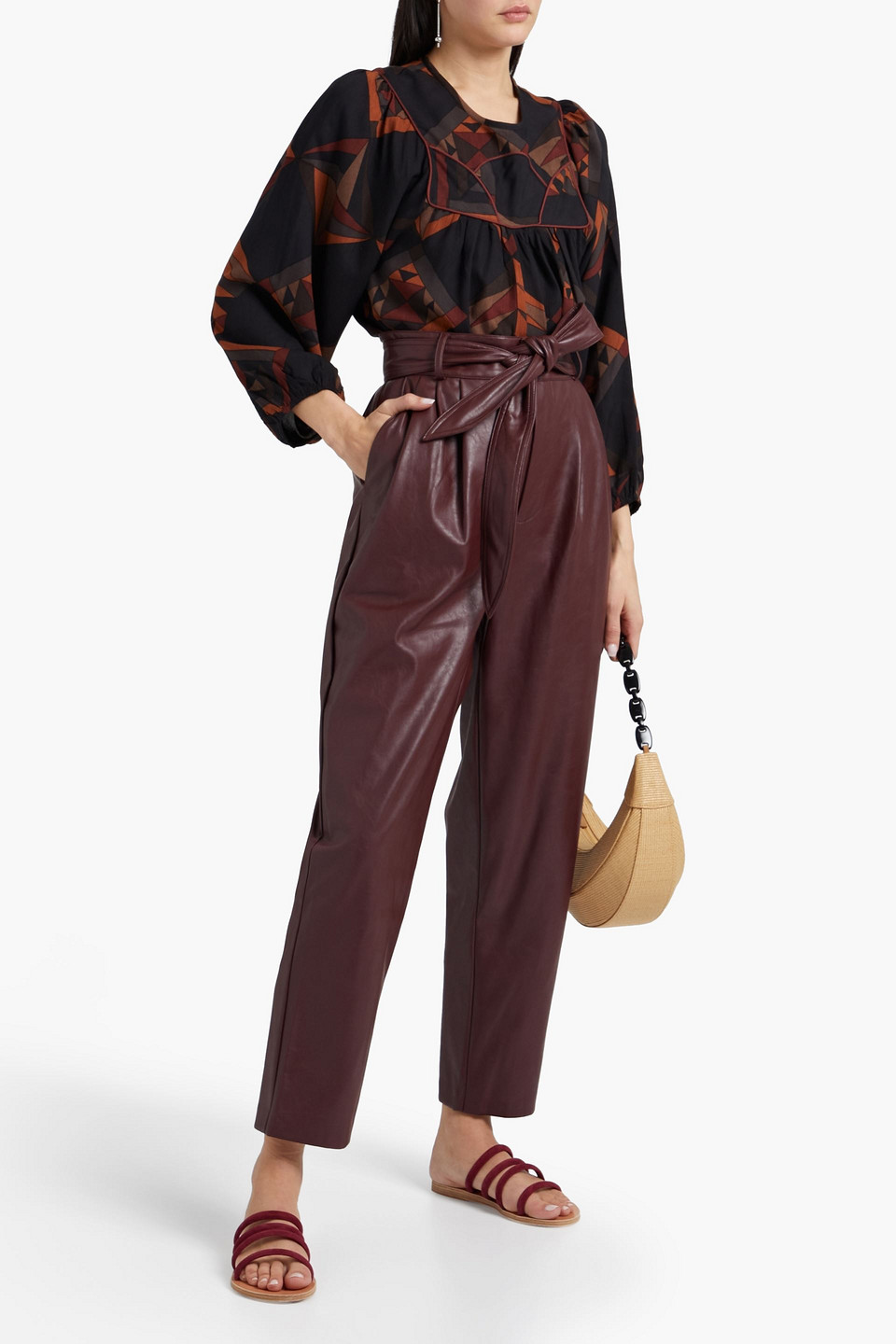 Antik Batik Nina Belted Faux Leather Tapered Pants In Burgundy