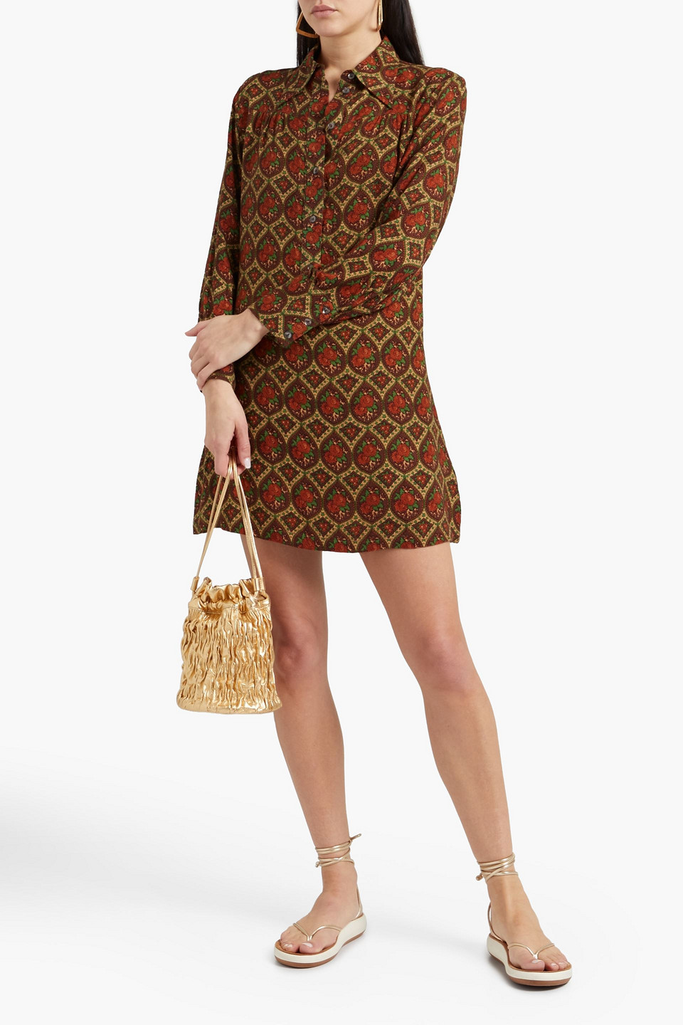 Antik Batik Monique Gathered Printed Crepe Mini Dress In Brown