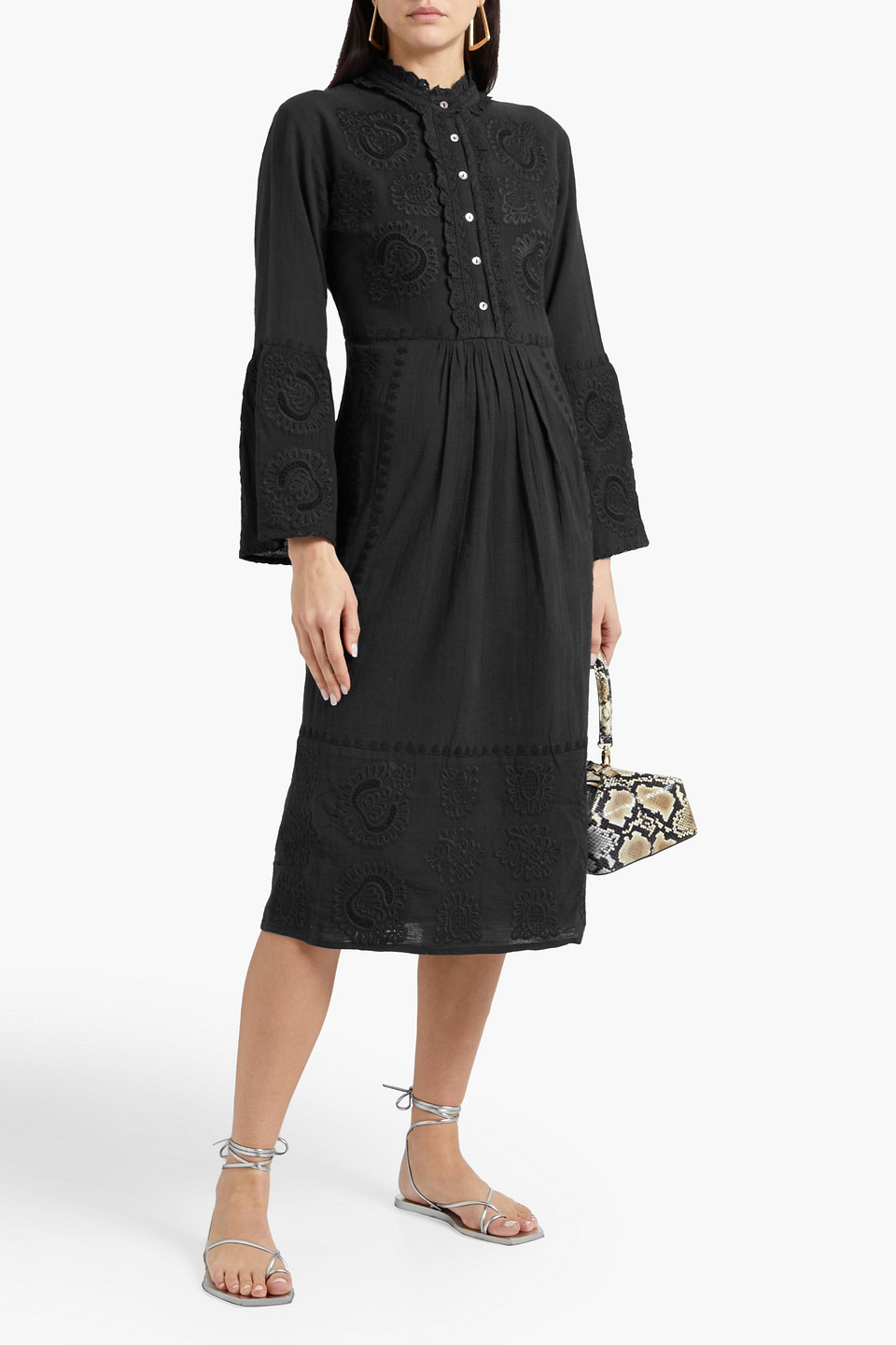 Antik Batik Toga Embroidered Cotton Midi Dress In Black