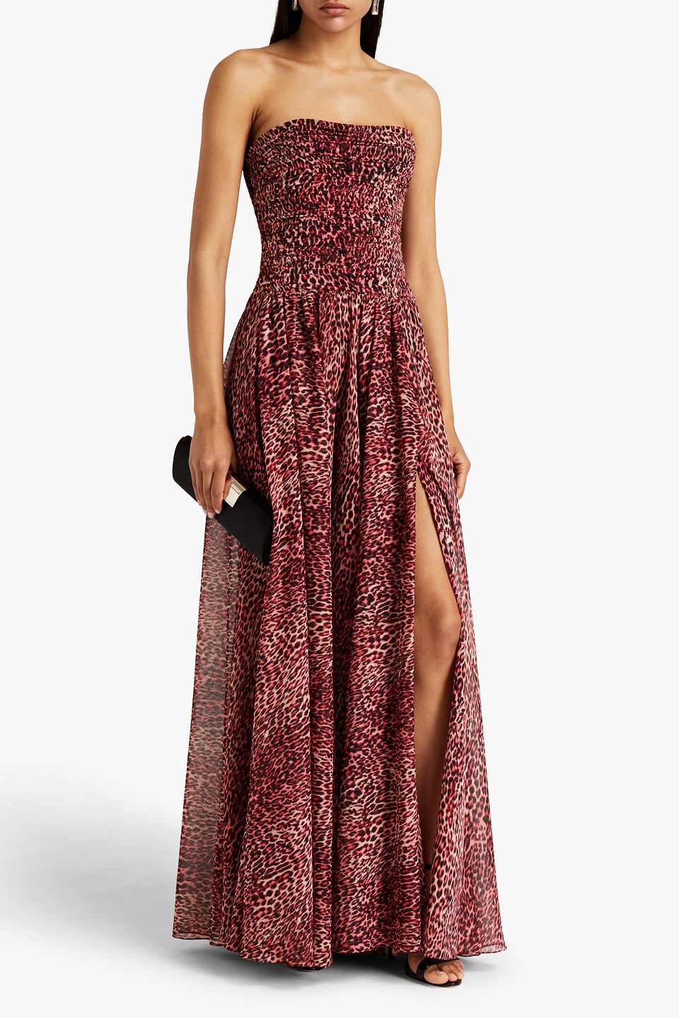 Rasario Strapless Ruched Leopard-print Georgette Maxi Dress In Burgundy