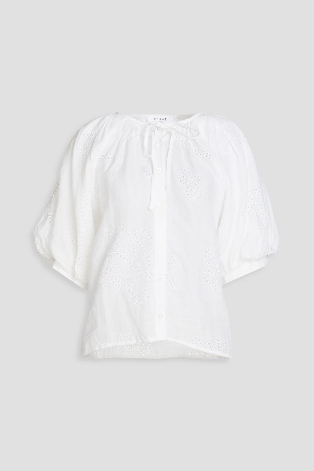 FRAME Gathered broderie anglaise ramie shirt | THE OUTNET