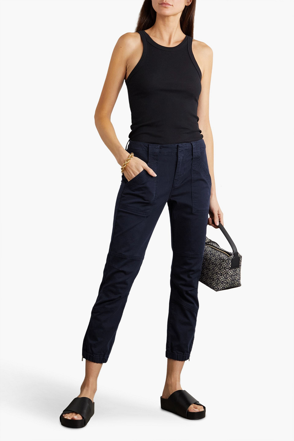 Frame Paneled Stretch-cotton Twill Tapered Pants In Navy