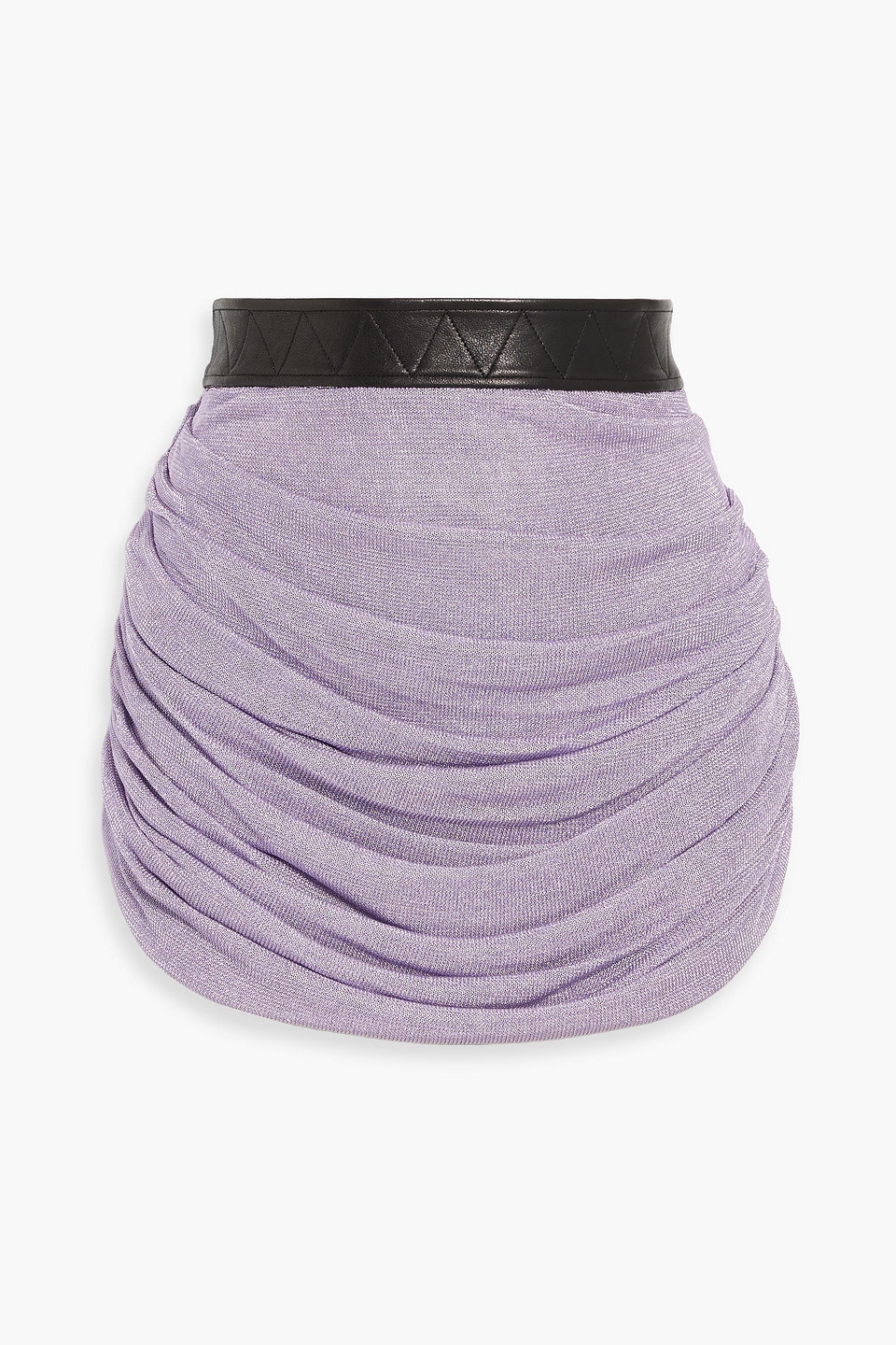 Khaite Draitton Leather-trimmed Ruched Metallic Knitted Mini Skirt In Lilac