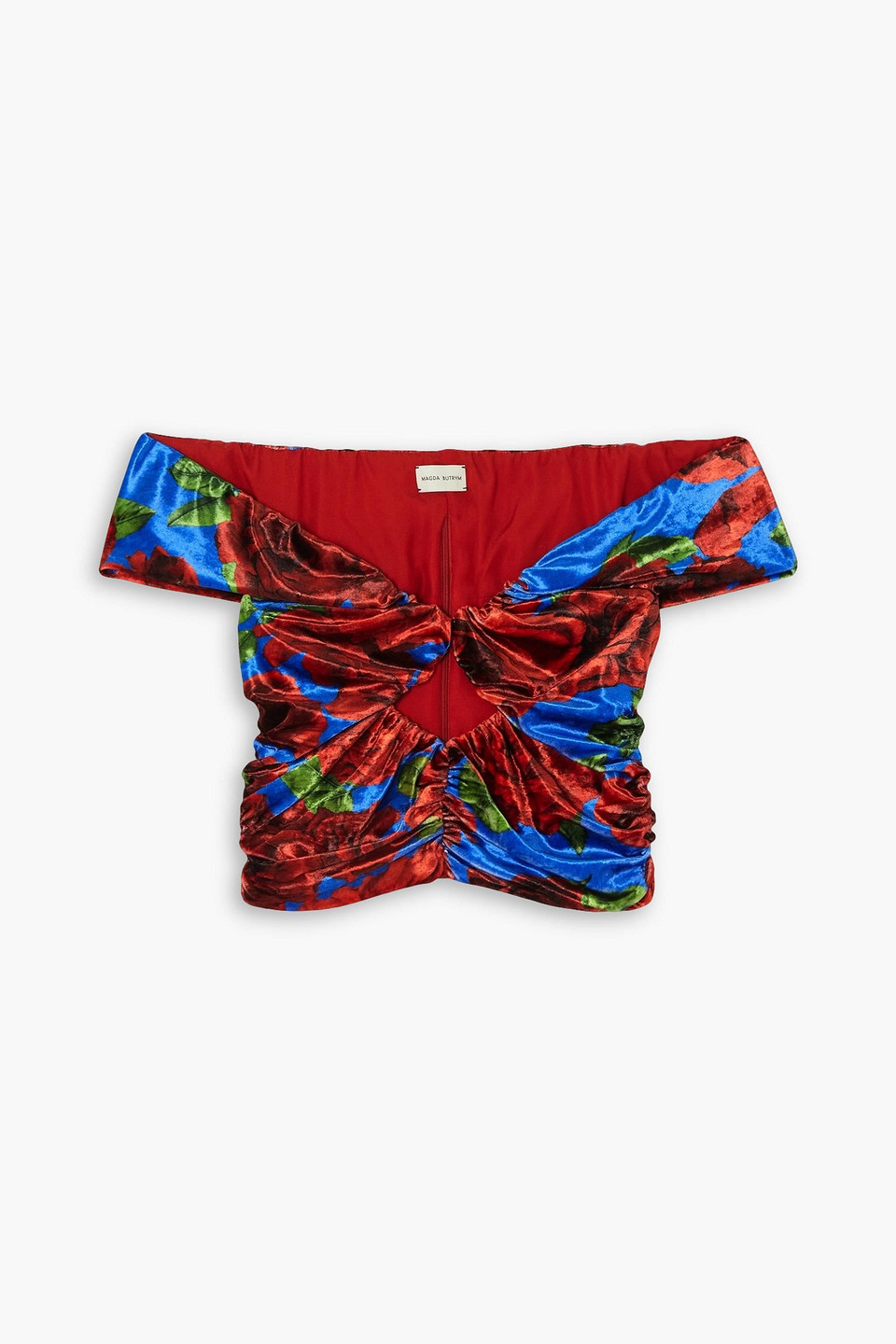 Shop Magda Butrym Off-the-shoulder Cropped Cutout Floral-print Stretch-velvet Top In Red