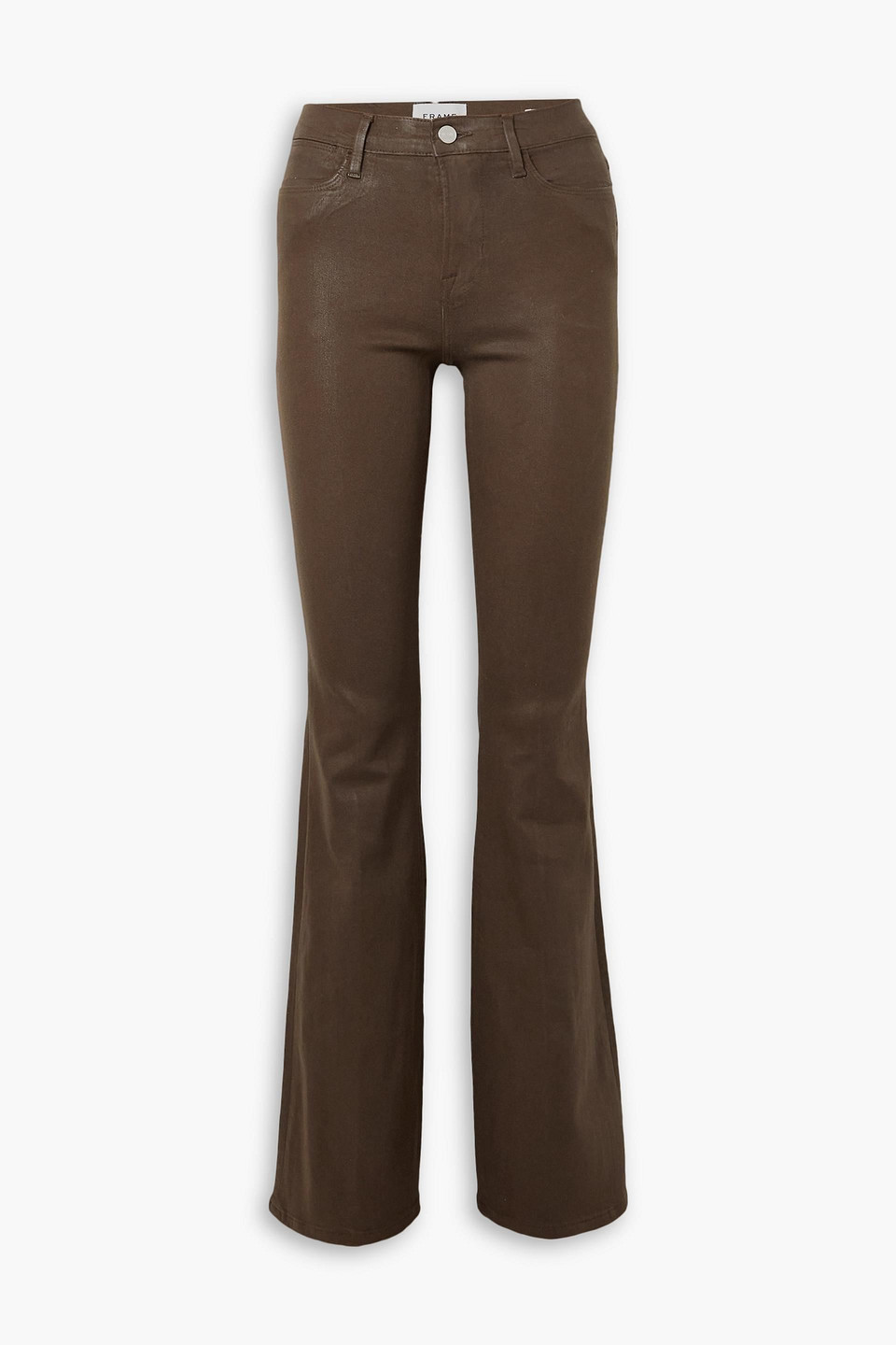 Shop Frame Le High Flare Coated Jeans In Dark Brown