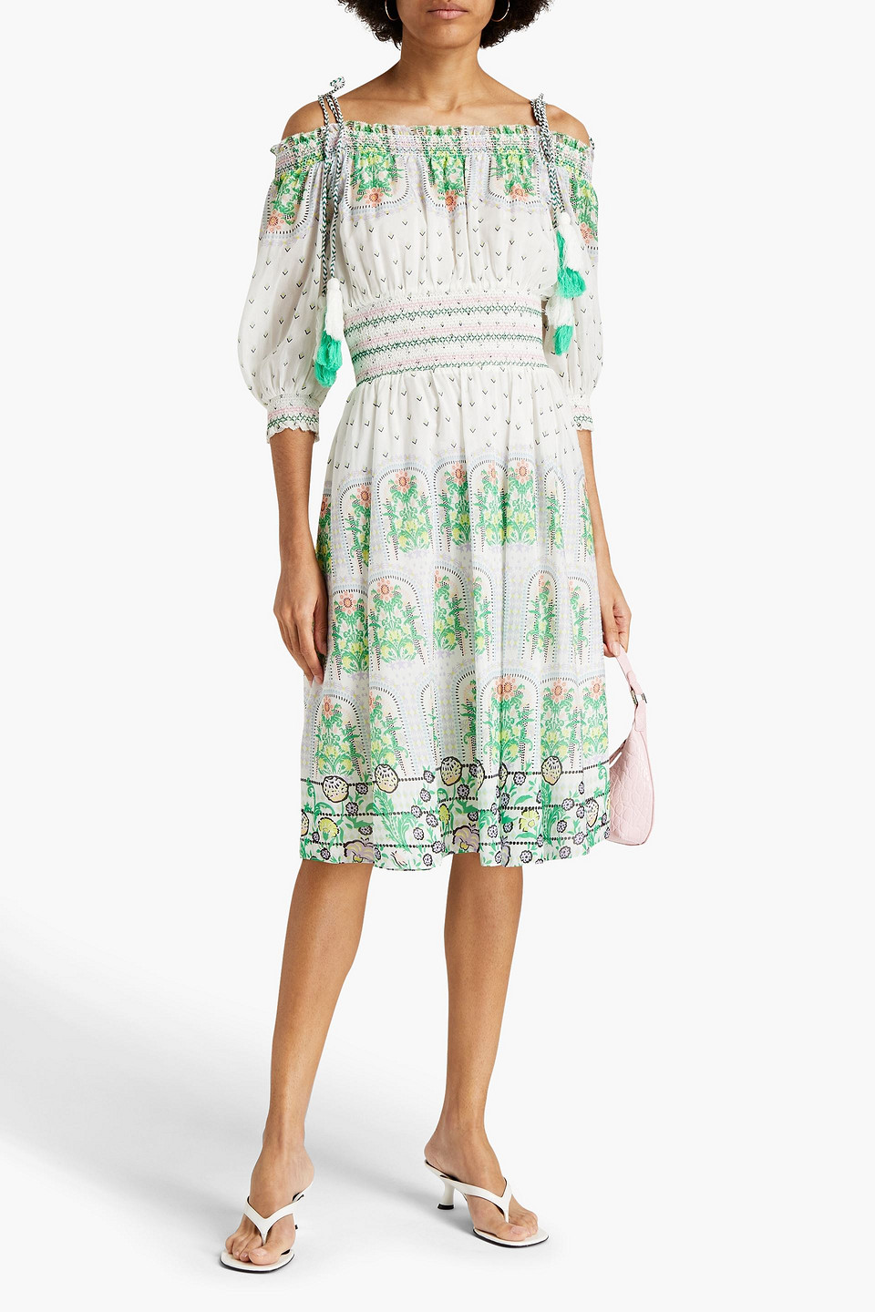 Alice And Olivia Cold-shoulder Printed Cotton And Silk-blend Voile Midi Dress In Green
