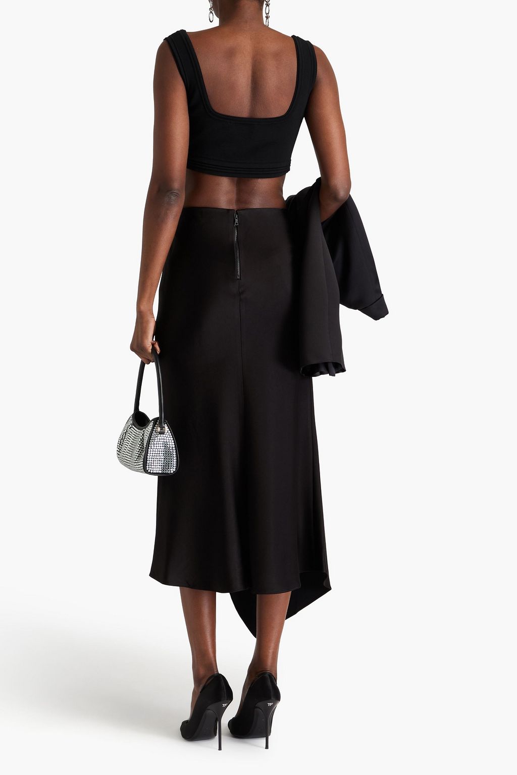 ALICE + OLIVIA تنورة "هارموني" متوسطة الطول من ساتان كريب بقصّة غير متماثلة
