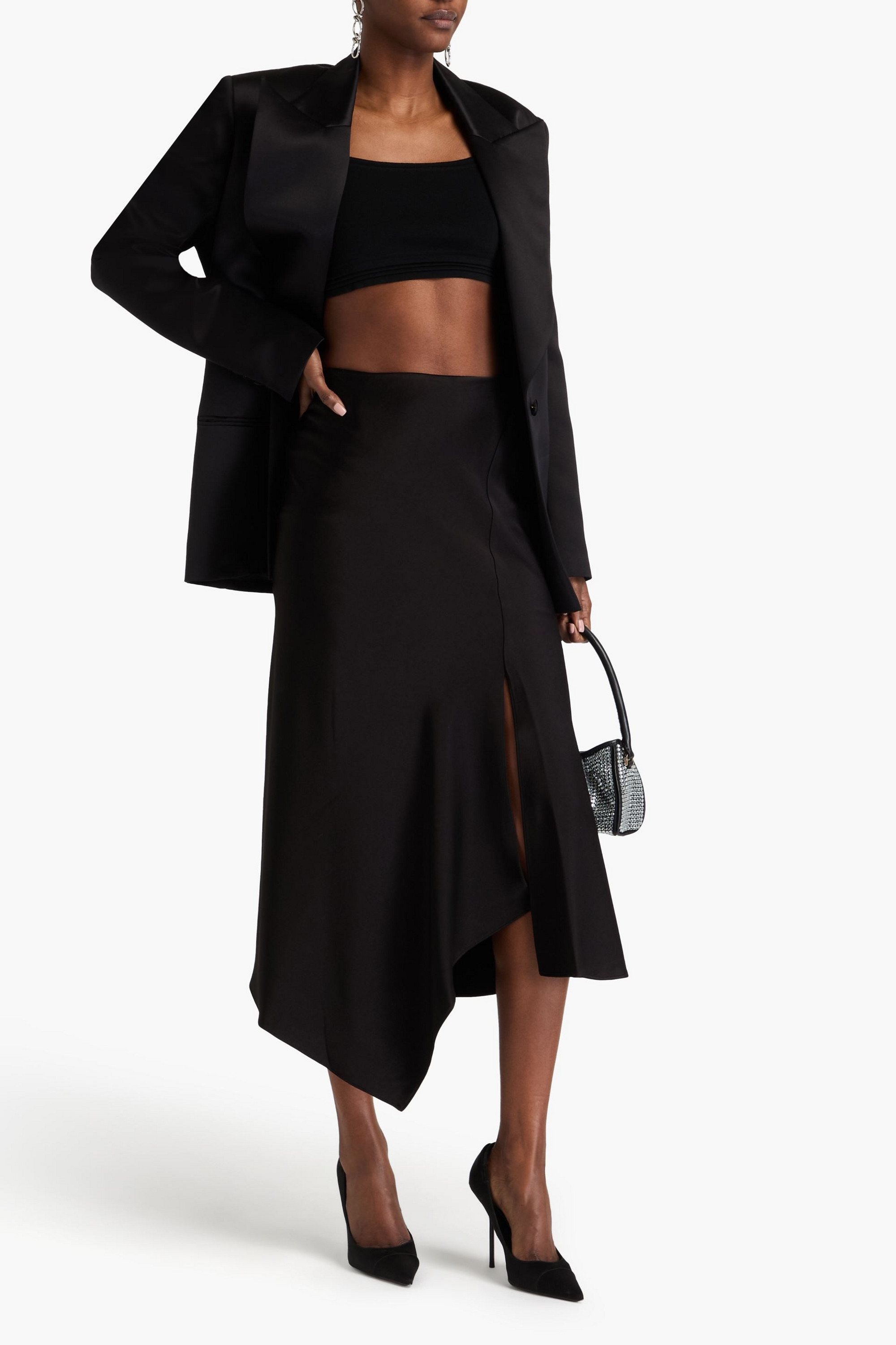 alice + olivia Harmony asymmetric satin-crepe midi skirt