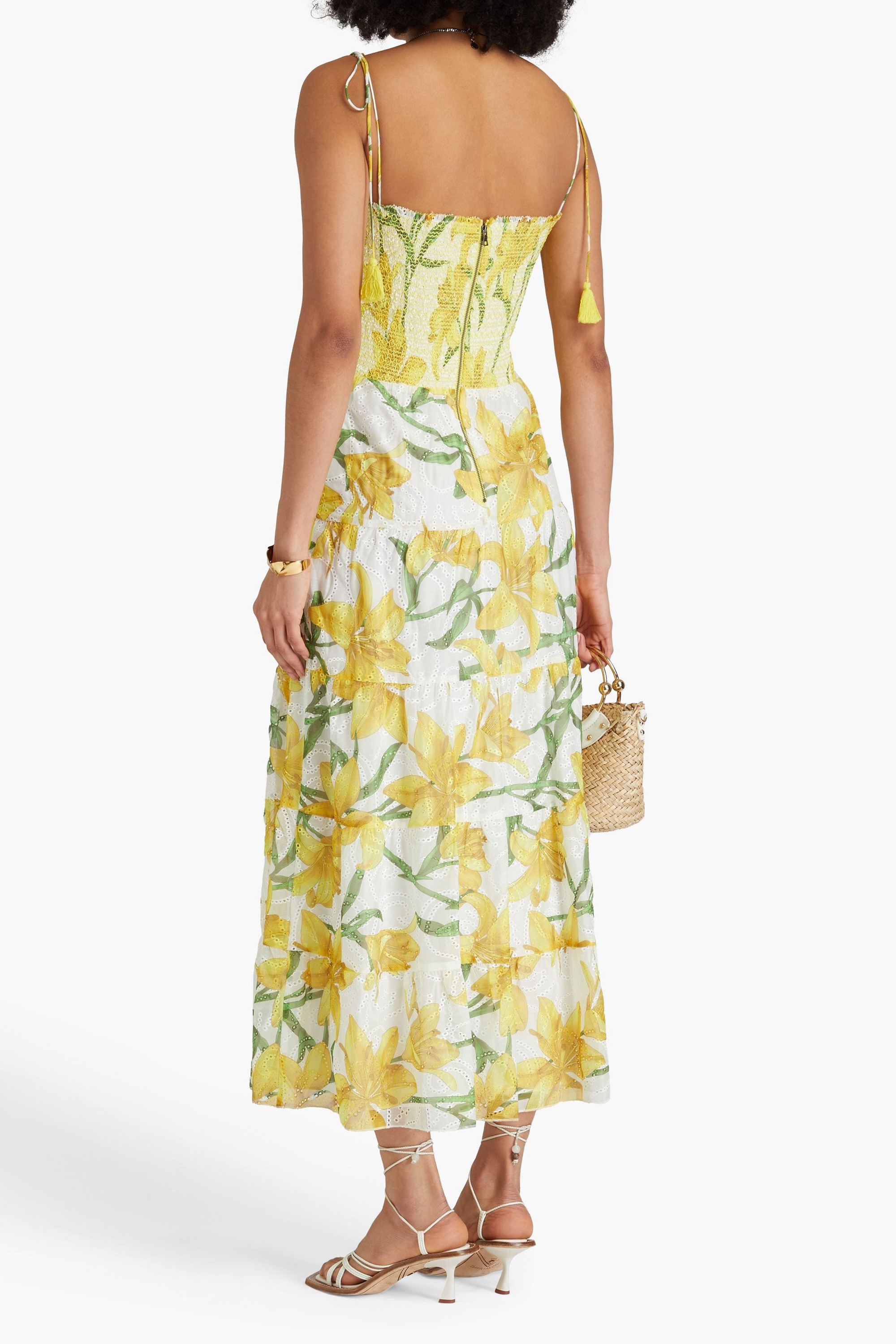 alice + olivia Marna tiered smocked floral-print broderie anglaise midi dress