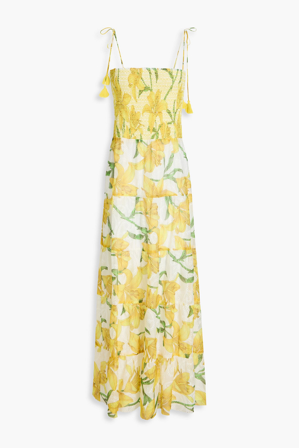 Marna tiered smocked floral-print broderie anglaise midi dress