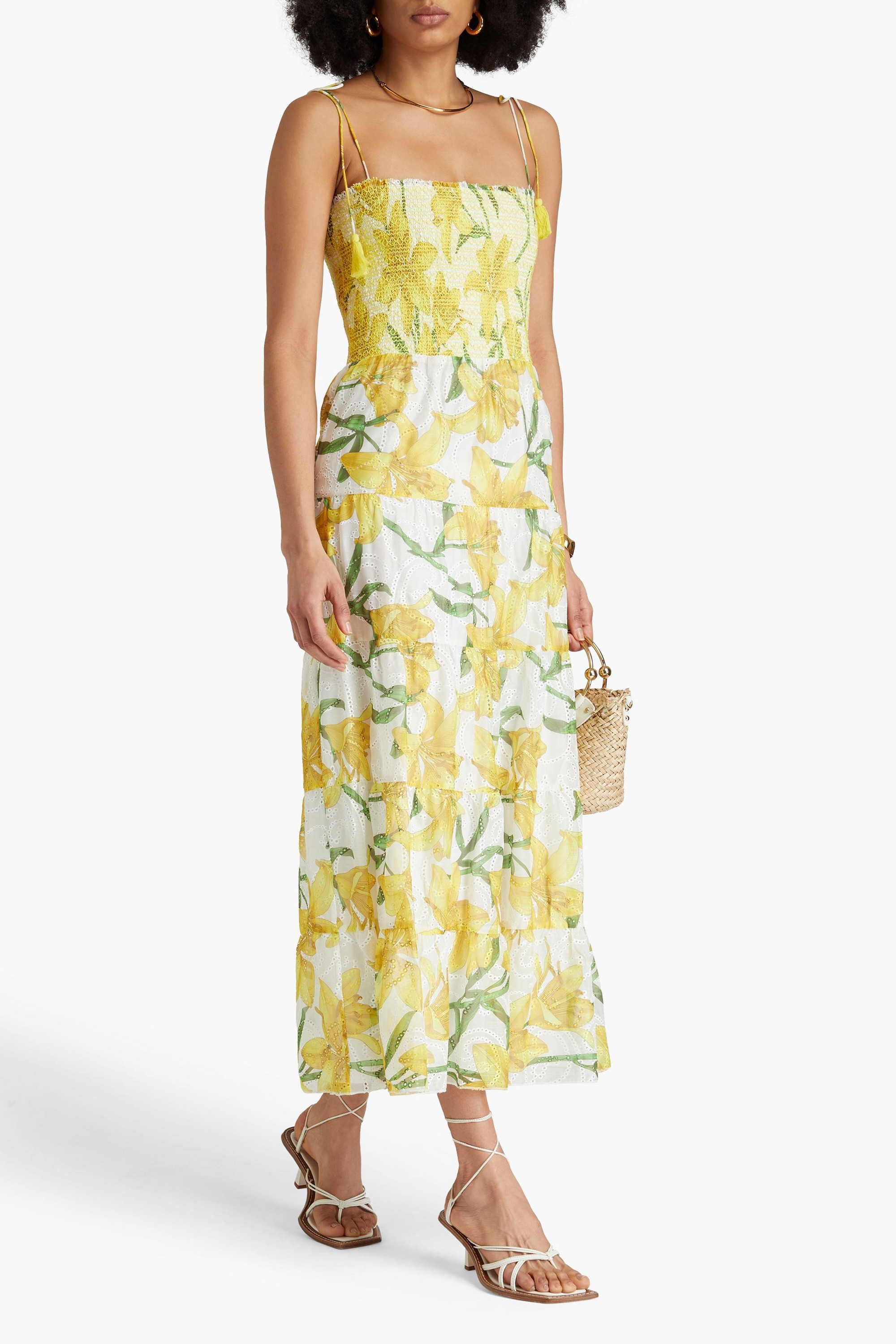 alice + olivia Marna tiered smocked floral-print broderie anglaise midi dress