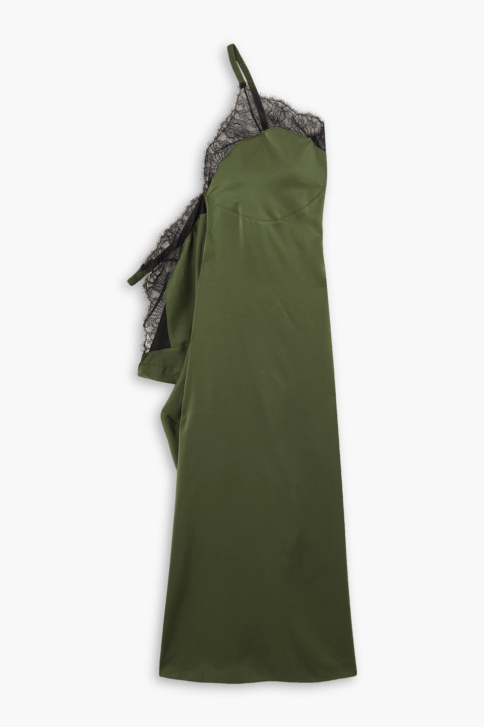 Jw Anderson One-shoulder Lace-trimmed Satin Maxi Dress In Army Green