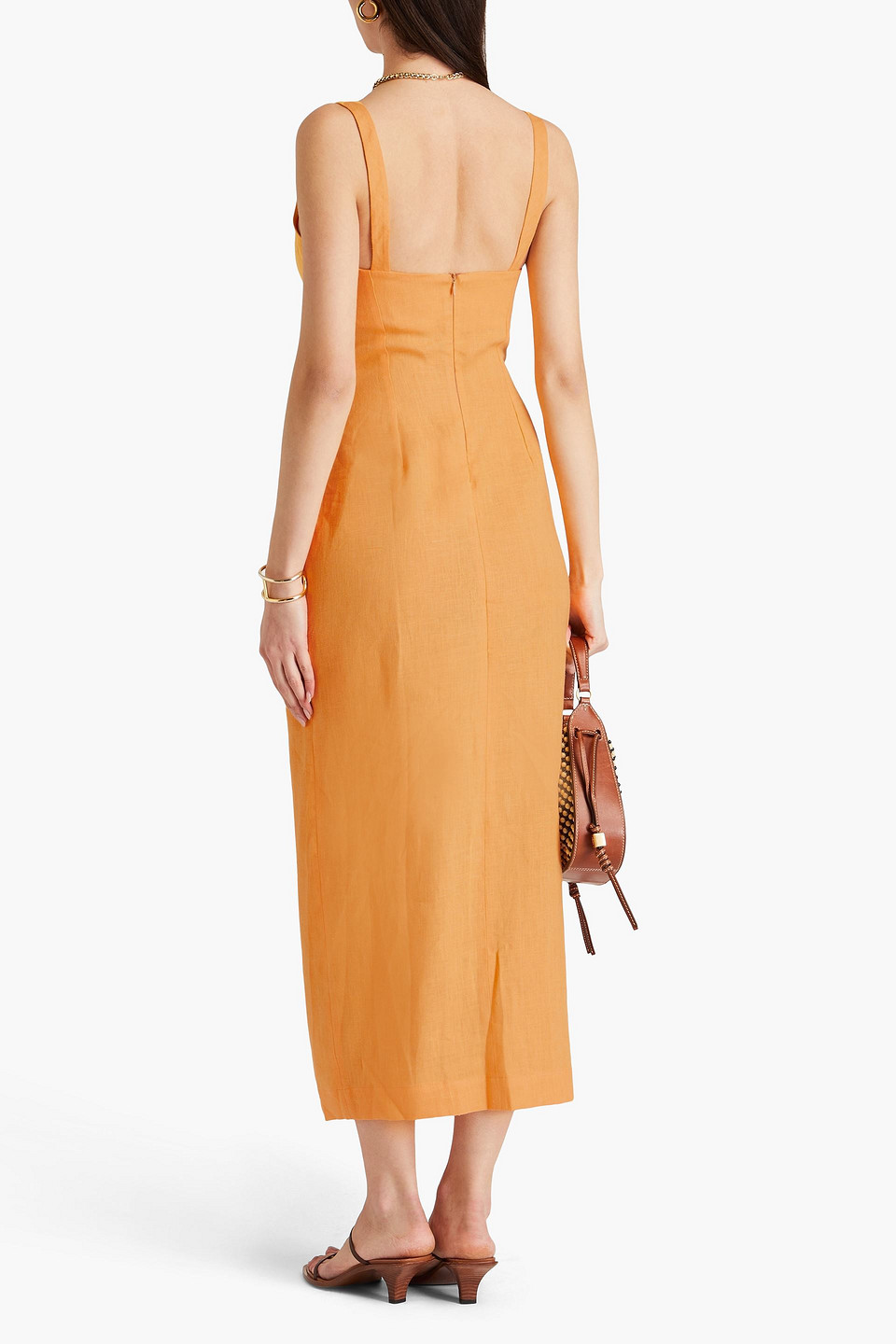 NANUSHKA CUTOUT RUCHED LINEN MIDI DRESS