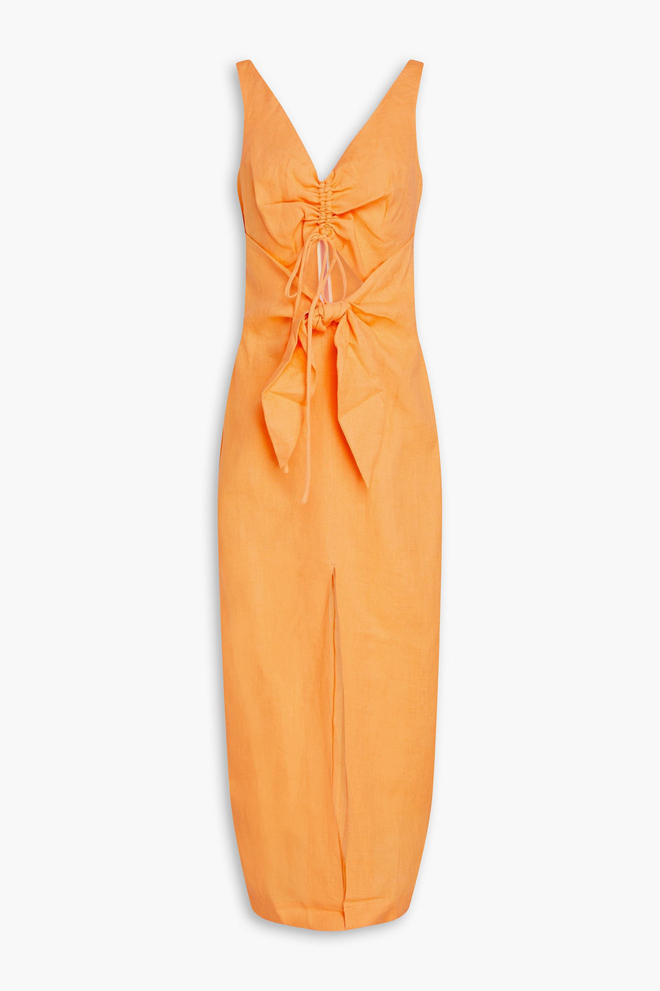 NANUSHKA CUTOUT RUCHED LINEN MIDI DRESS