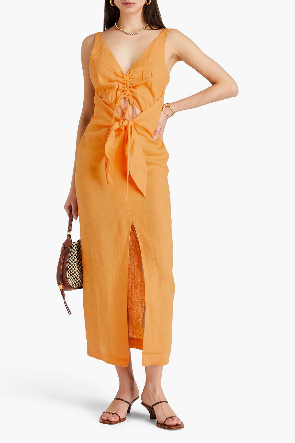 NANUSHKA CUTOUT RUCHED LINEN MIDI DRESS