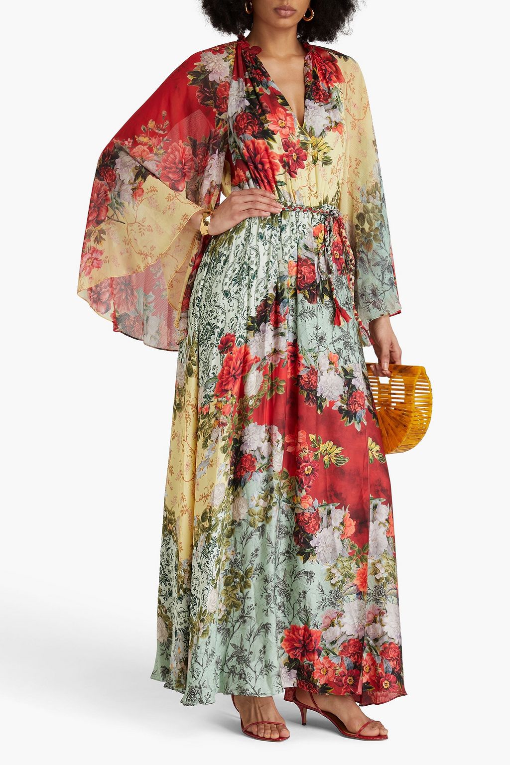 ALICE + OLIVIA ツイル マキシワンピース シフォンパネル フローラルプリント