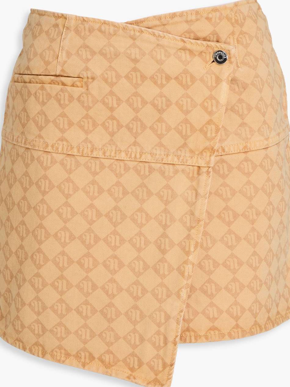 asymmetric logo-print denim mini wrap skirt