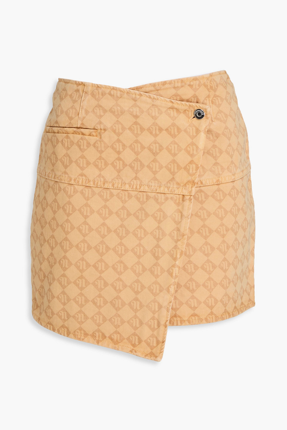 Asymmetric logo-print denim mini wrap skirt