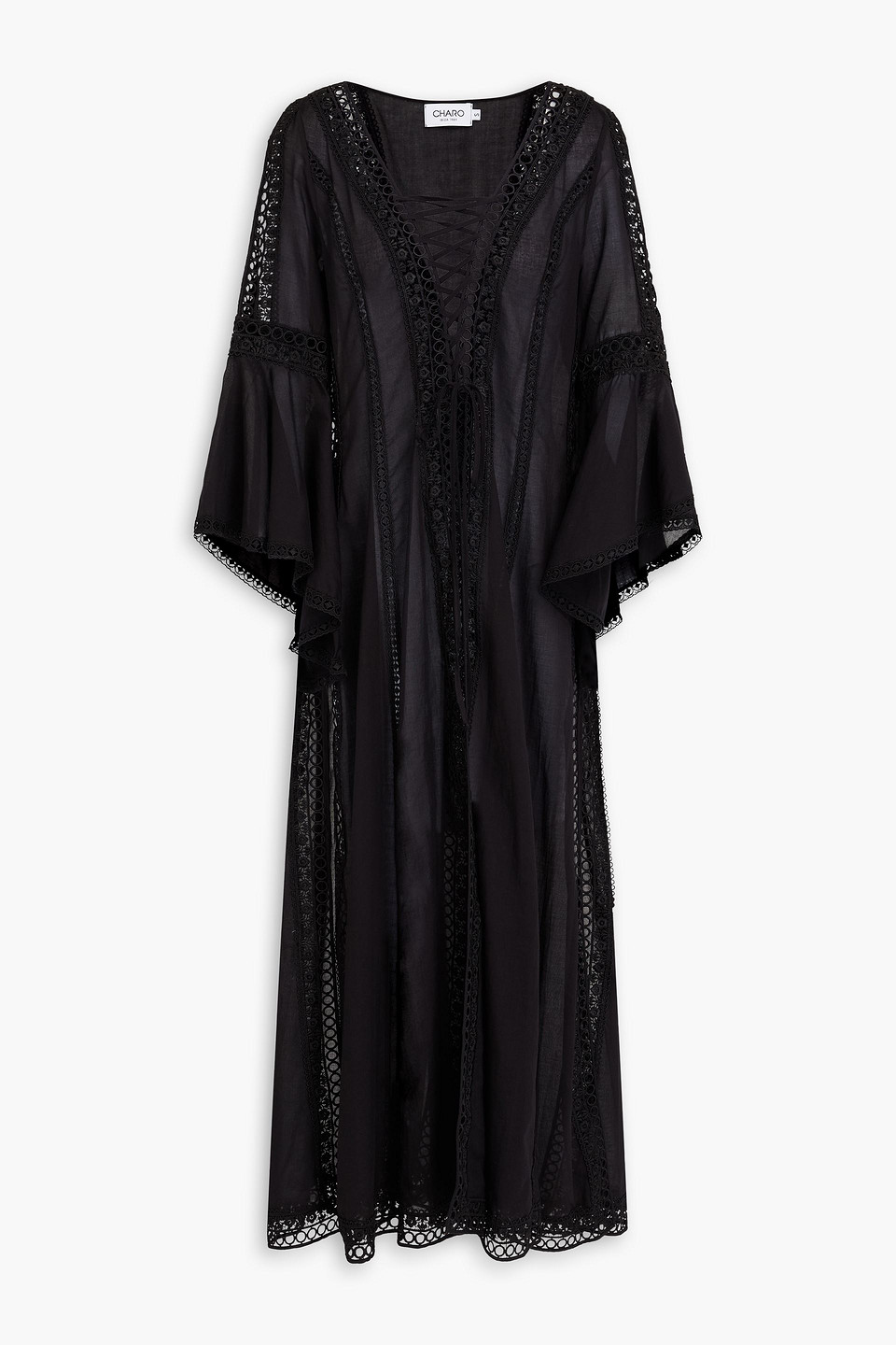 Charo Ruiz Zia Lace-up Cotton-blend Voile Kaftan In Schwarz
