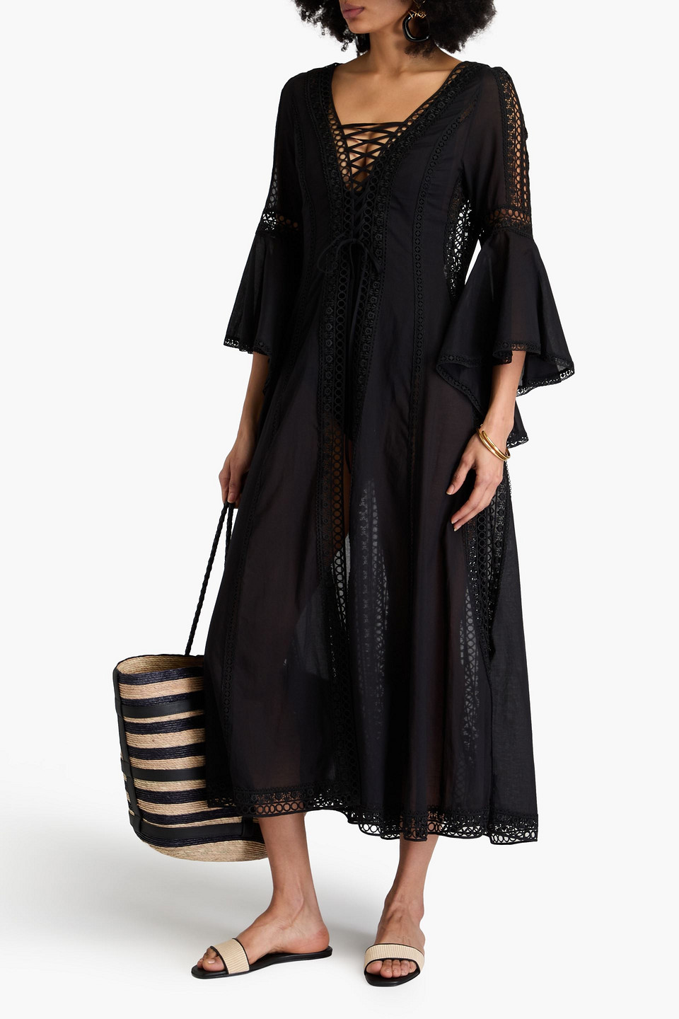 Charo Ruiz Zia Lace-up Cotton-blend Voile Kaftan In Schwarz