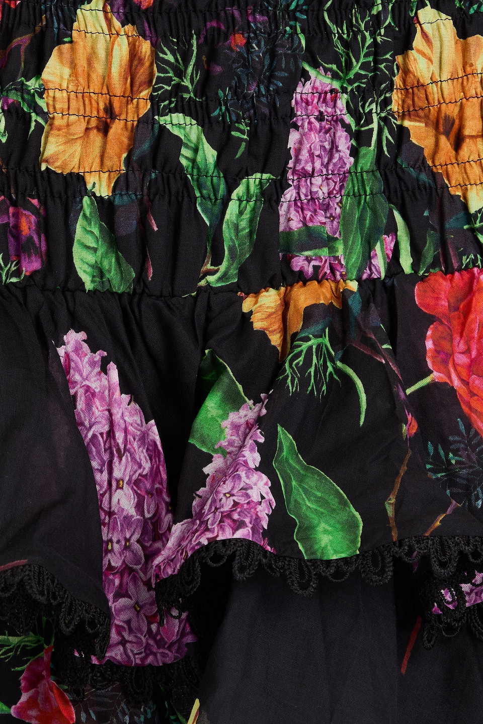 Charo Ruiz Gladi Tiered Floral-print Cotton-blend Voile Mini Skirt In Black