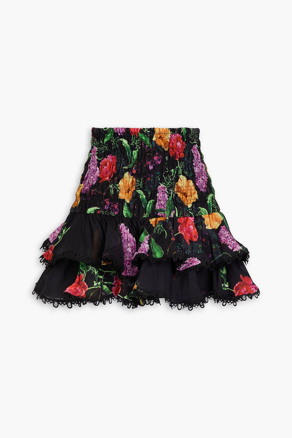 Charo Ruiz Gladi Tiered Floral-print Cotton-blend Voile Mini Skirt In Black
